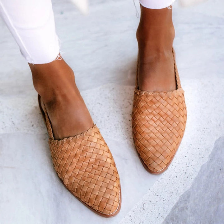 Woven Leather Mules for Women - Pointed Toe Slip On Flats