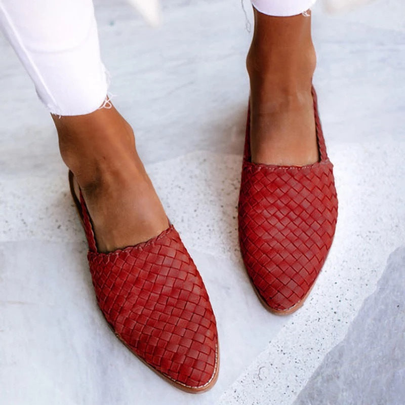 Woven Leather Mules for Women - Pointed Toe Slip On Flats