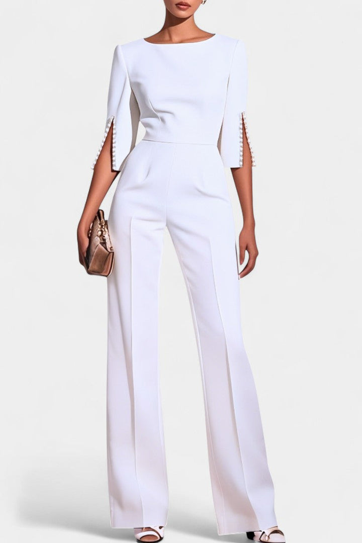 Three-Quarter Sleeve Jumpsuit with Pearl Button Detail