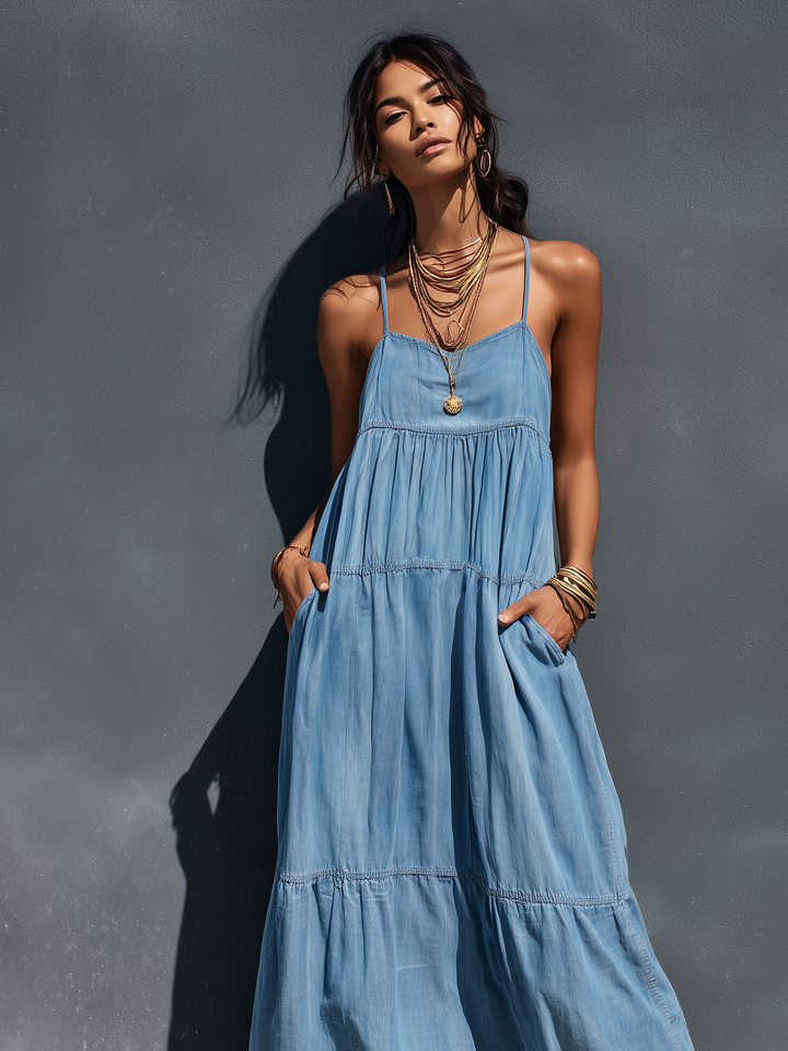 Denim Maxi Dress with Adjustable Suspenders - Casual Blue