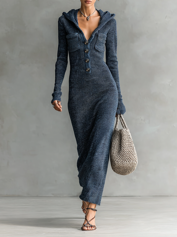 Hooded Knit Maxi Dress - Casual Long Sleeve Sweater Dress