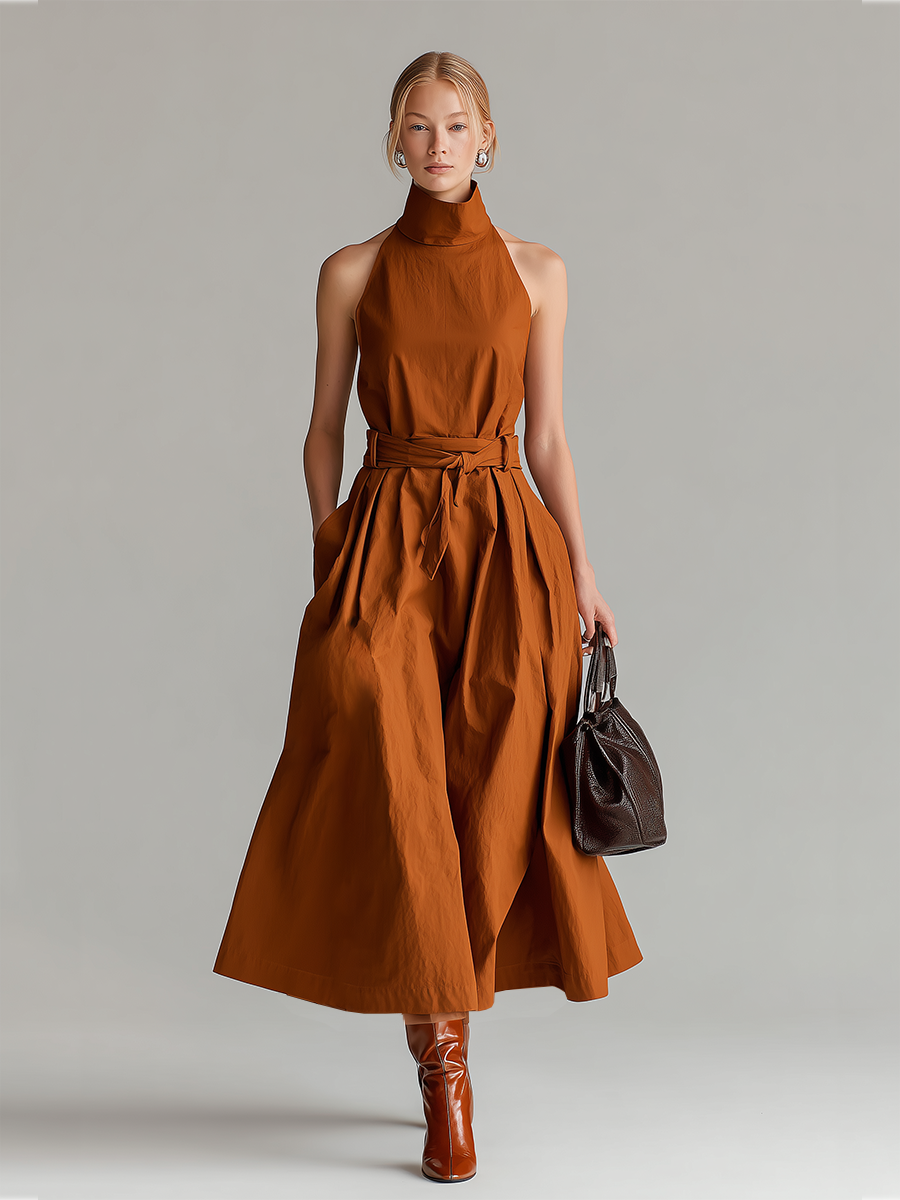 Rust Cotton Halter Dress with Tie Waist Belt