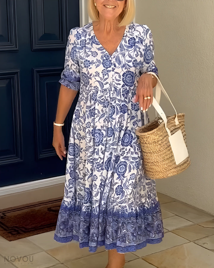 Floral V-Neck Dress for Women | Elegant Midi Dress