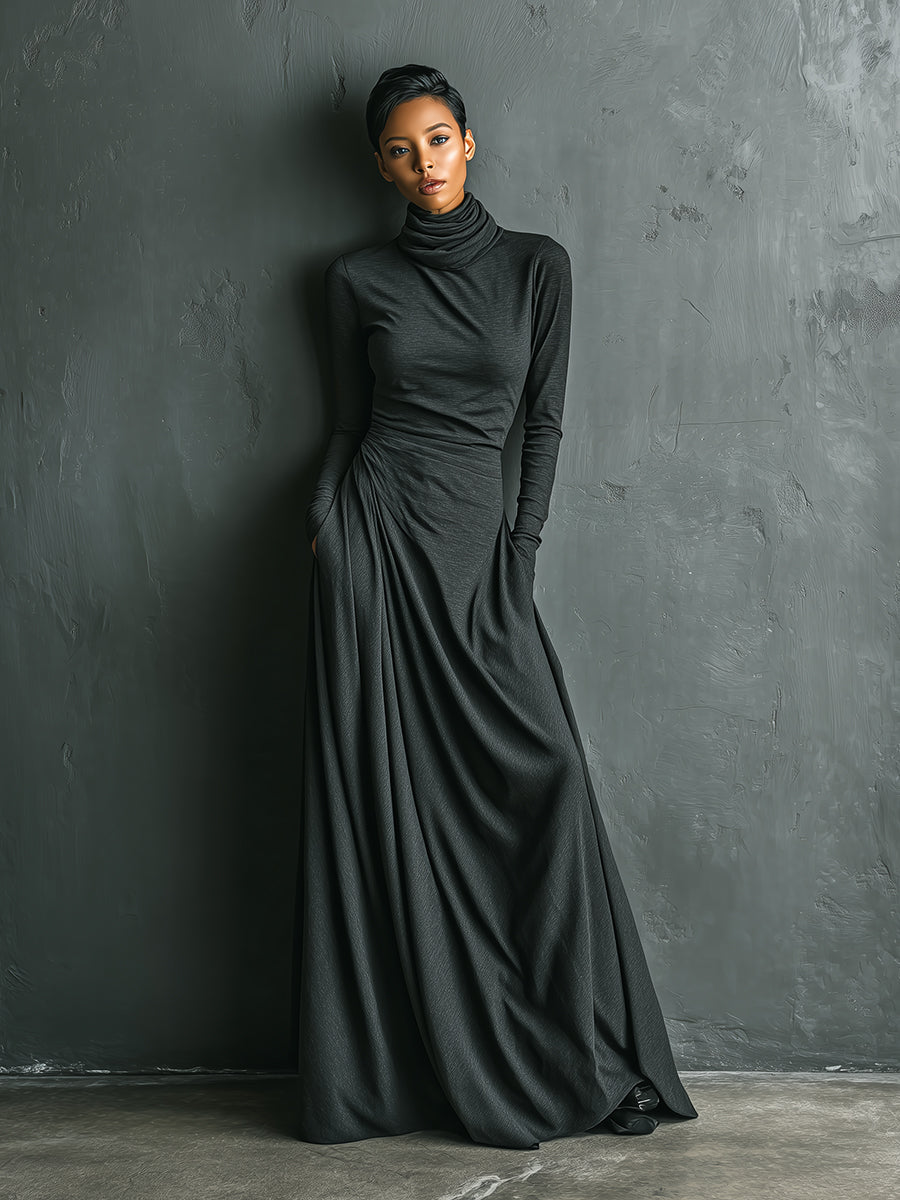 Turtleneck Maxi Dress for Women - Charcoal Long Sleeve Draped