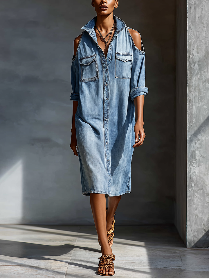 Denim Shirt Dress with Cold Shoulder Detail and Pockets