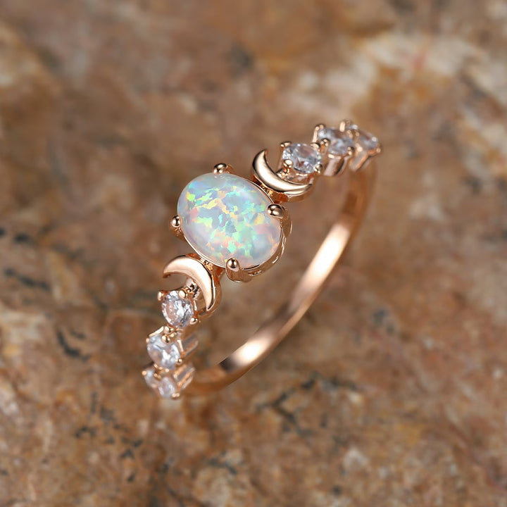 Crescent Moon Ring in Rose Gold - Opal Stone Statement Ring