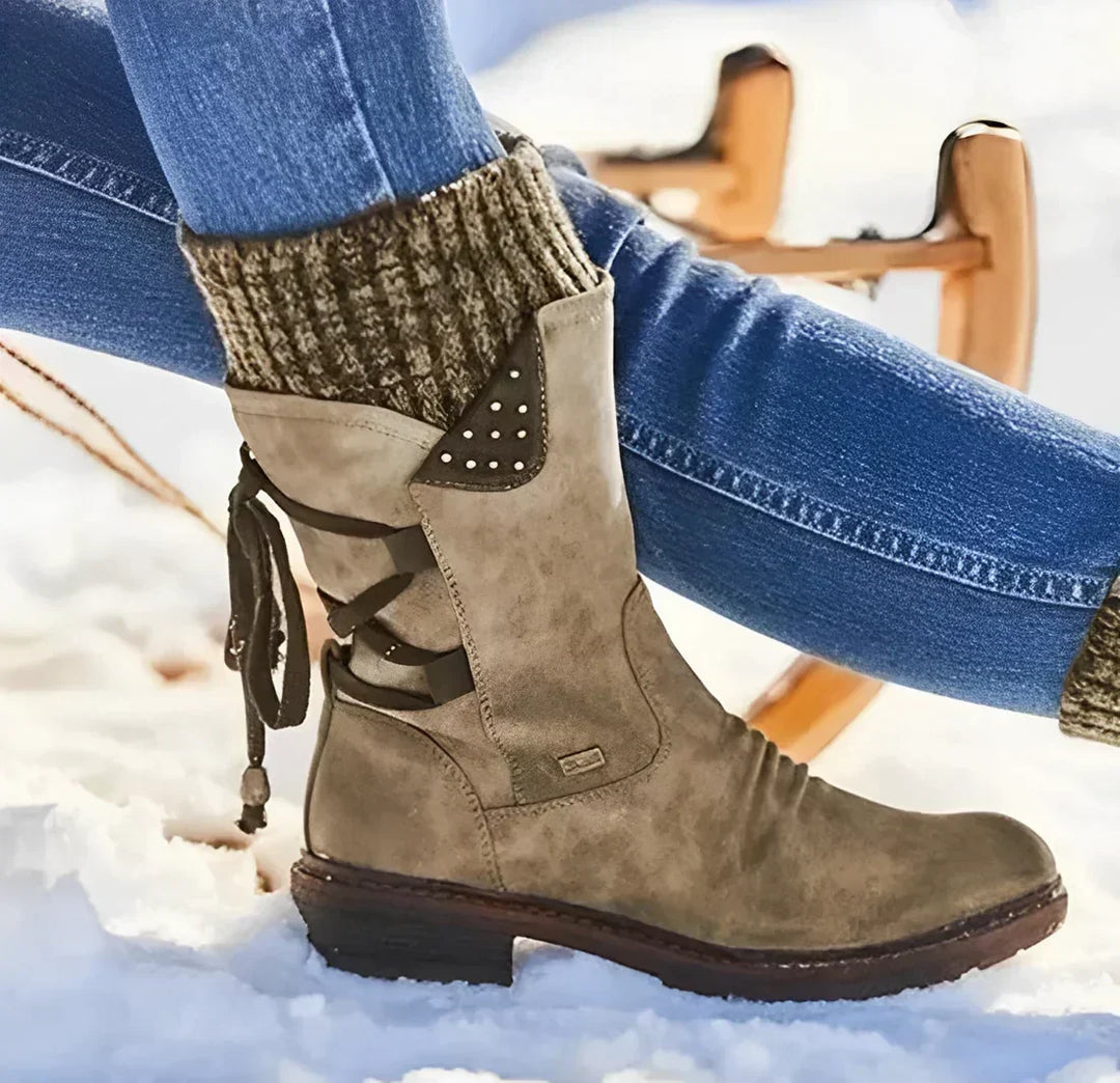 Mid-Calf Suede Winter Boots with Knit Cuff and Lace Up Detail