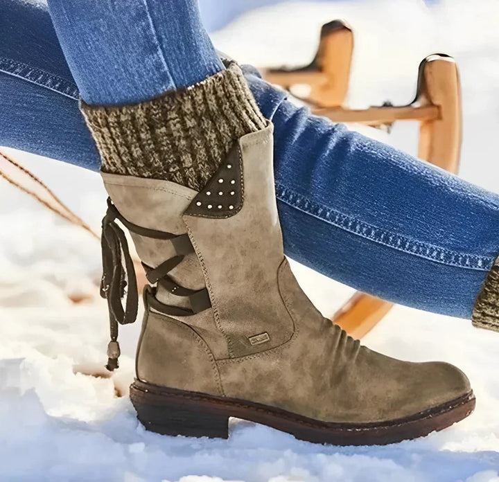 Mid-Calf Suede Winter Boots with Knit Cuff and Lace Up Detail