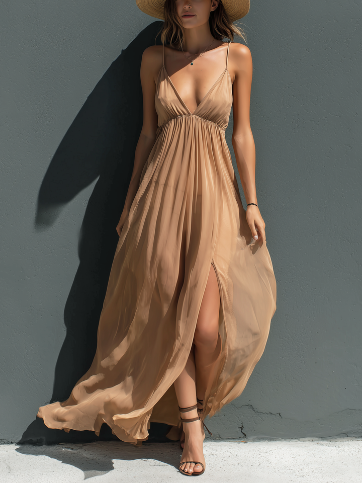 Khaki Chiffon Maxi Dress with V-Neck for Women