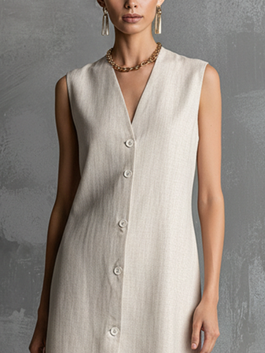 Ivory Linen Midi Dress with Button Front and V-Neck