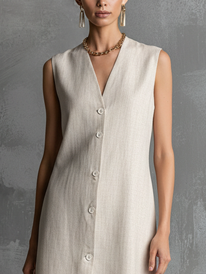 Ivory Linen Midi Dress with Button Front and V-Neck