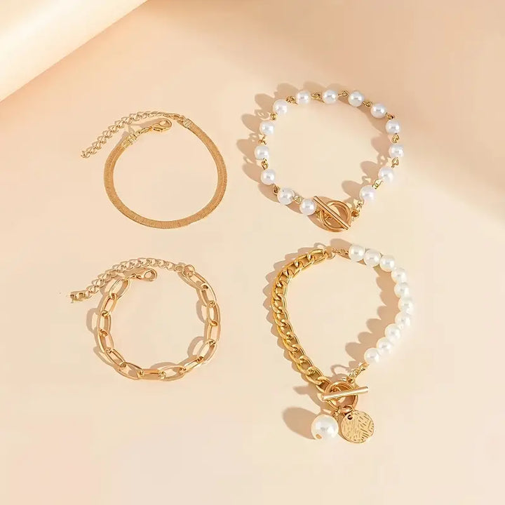 Gold Bracelet Set - Layered 4 Piece Snake Pearl Link Stack