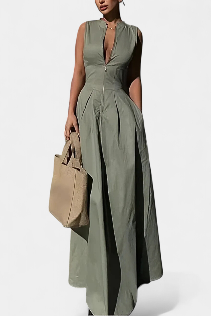 Wide Leg Jumpsuit - Sleeveless Pleated Round Neck for Women