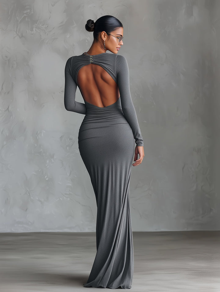 Grey Maxi Dress with Ruched Detail and Open Back for Women
