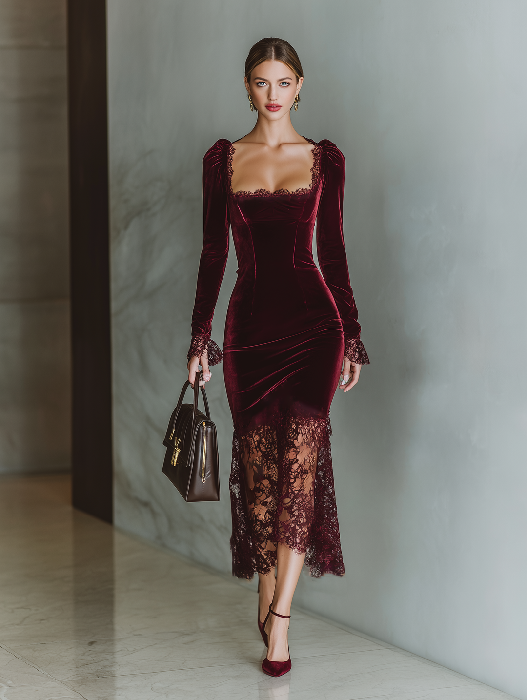 Burgundy Velvet Maxi Dress with Lace Detail for Women
