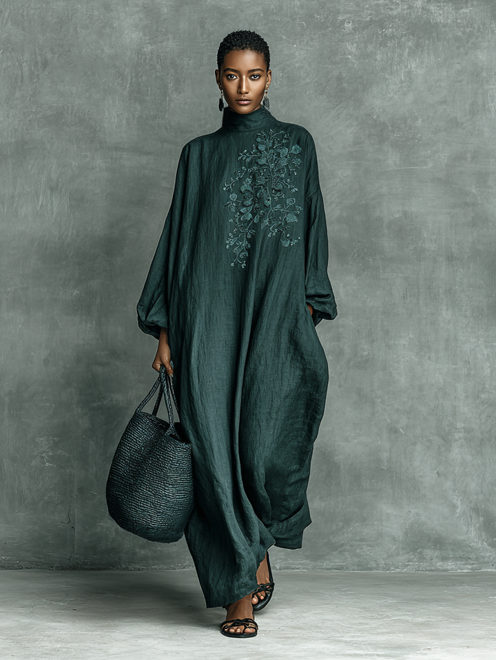 Cotton Linen Maxi Dress with Embroidered Shoulders