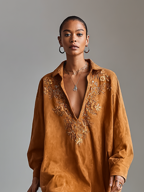 Embroidered Suede Midi Dress with Long Sleeves and V-Neck