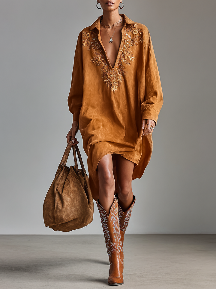 Embroidered Suede Midi Dress with Long Sleeves and V-Neck