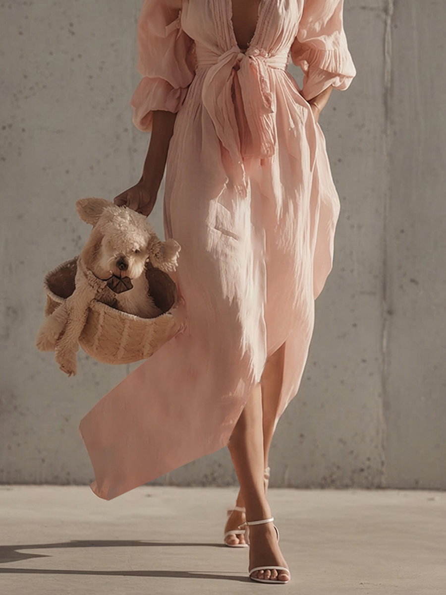 Cotton Maxi Dress with Puff Sleeves and Tie Waist in Blush