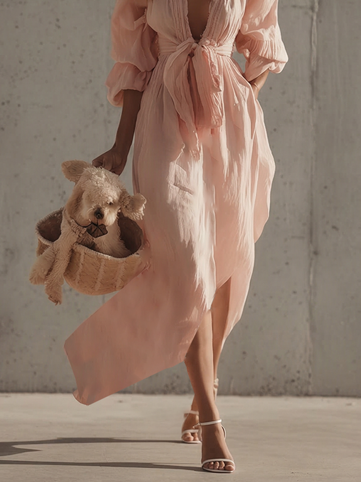 Cotton Maxi Dress with Puff Sleeves and Tie Waist in Blush