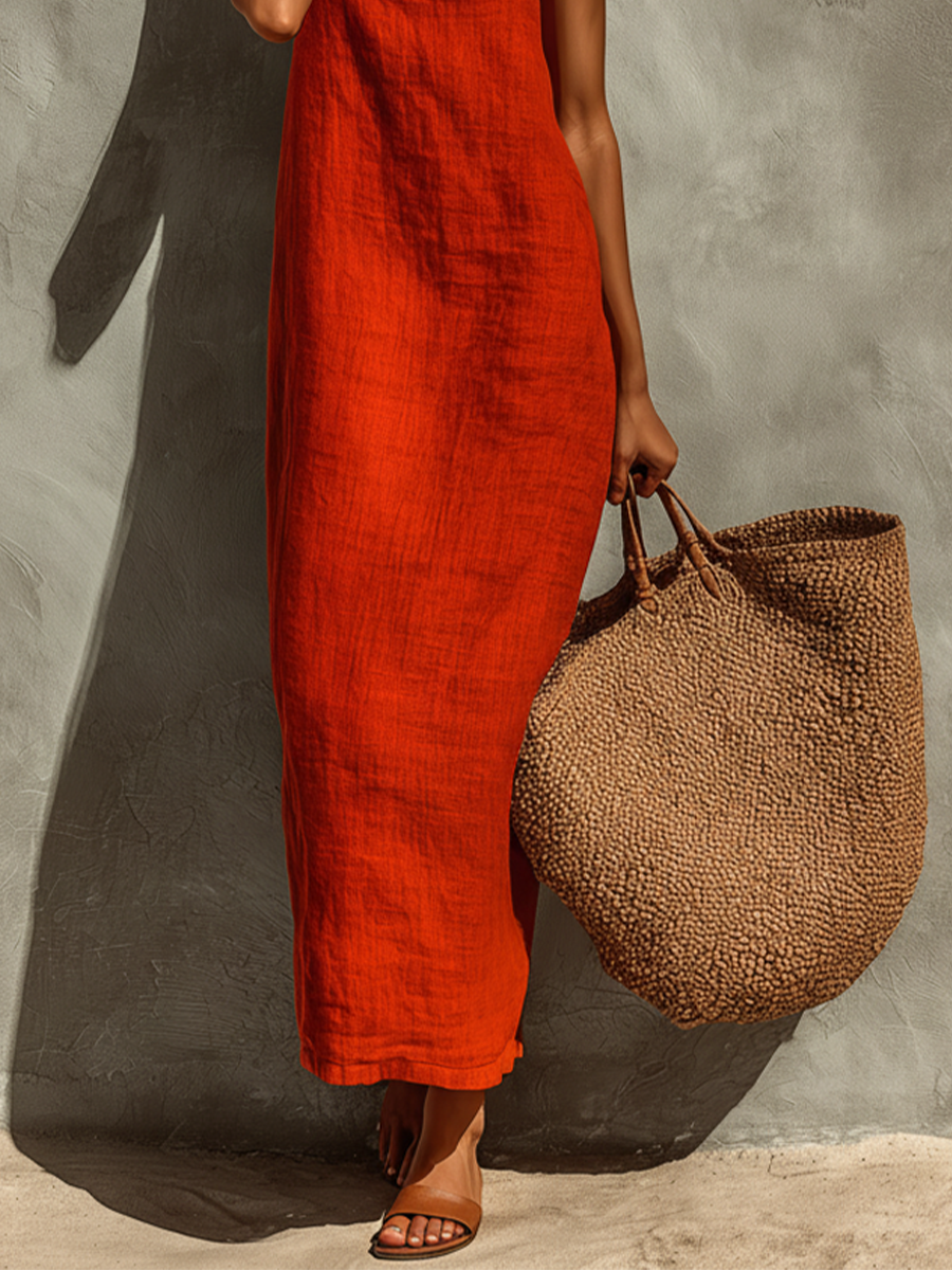 Red Linen Maxi Dress With Square Neck And Spaghetti Straps