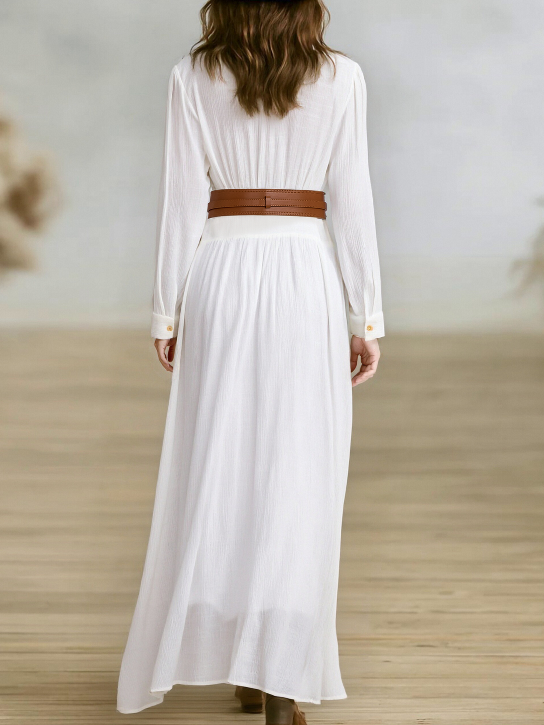 Long Sleeve Maxi Dress with Button Front and Pleated Detail