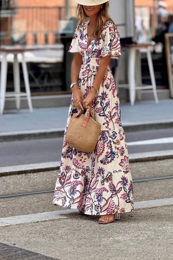 Floral Maxi Dress with Puff Sleeves for Women