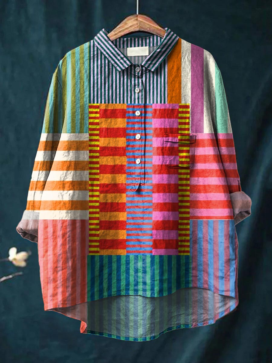 Color Block Stripe Shirt for Women - Casual Button Down Blouse