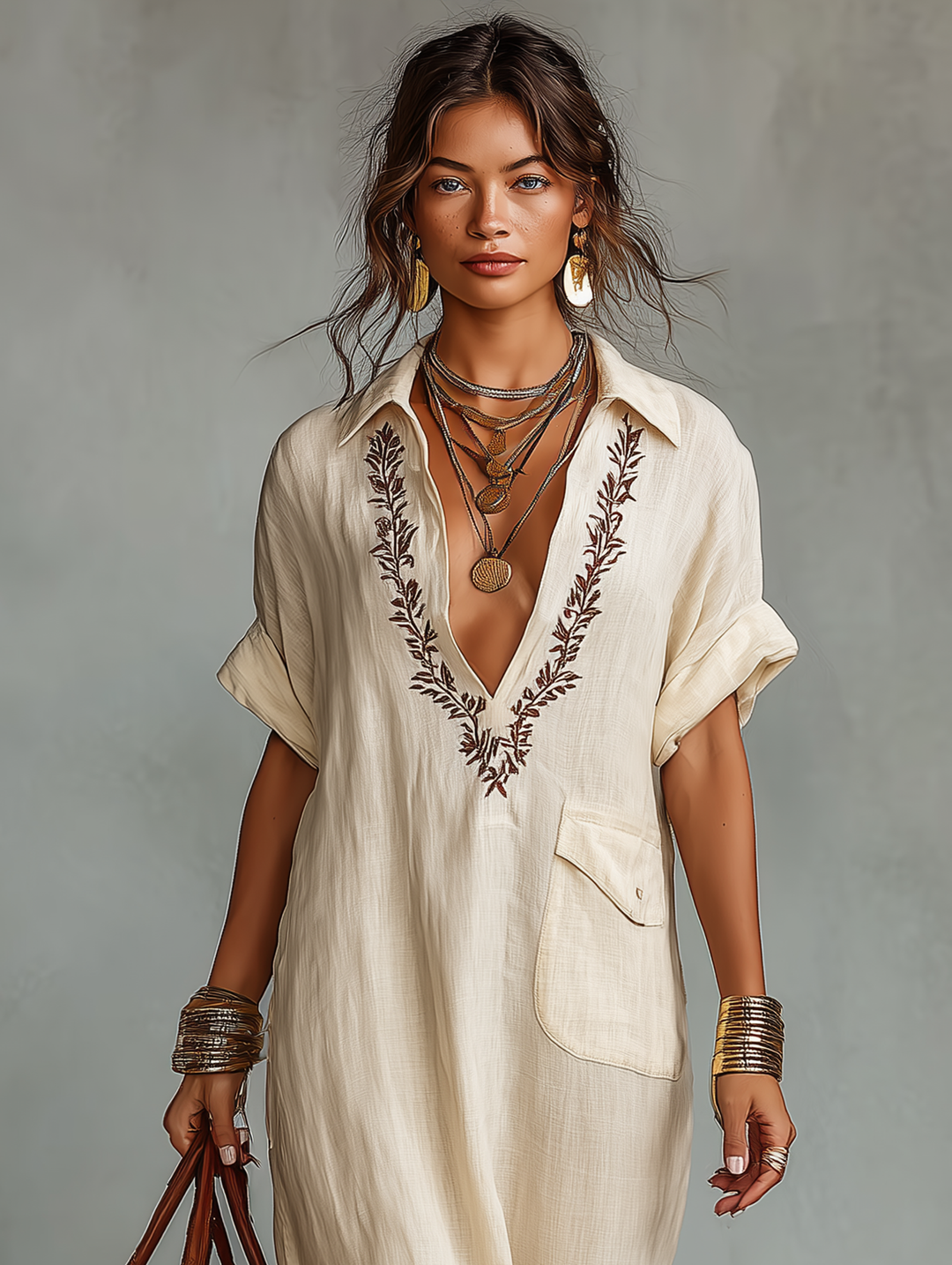 Linen Maxi Dress with Embroidered Details Short Sleeve