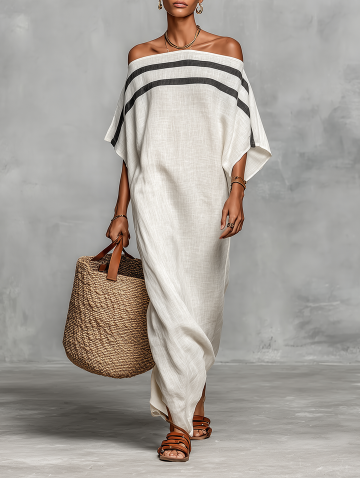 Linen Maxi Dress Off Shoulder Batwing Sleeve Casual
