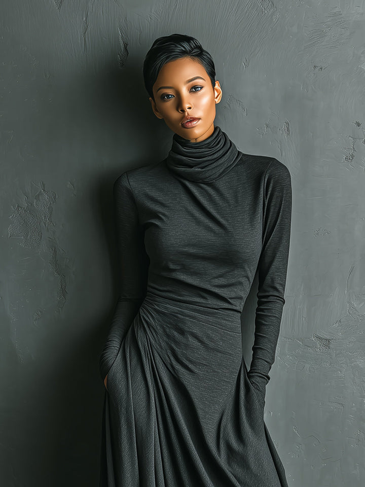 Turtleneck Maxi Dress for Women - Charcoal Long Sleeve Draped