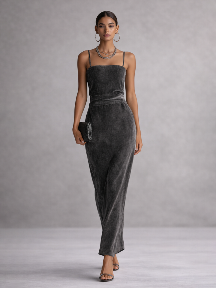 Velvet Maxi Dress Square Neck High Waist Grey Evening Gown