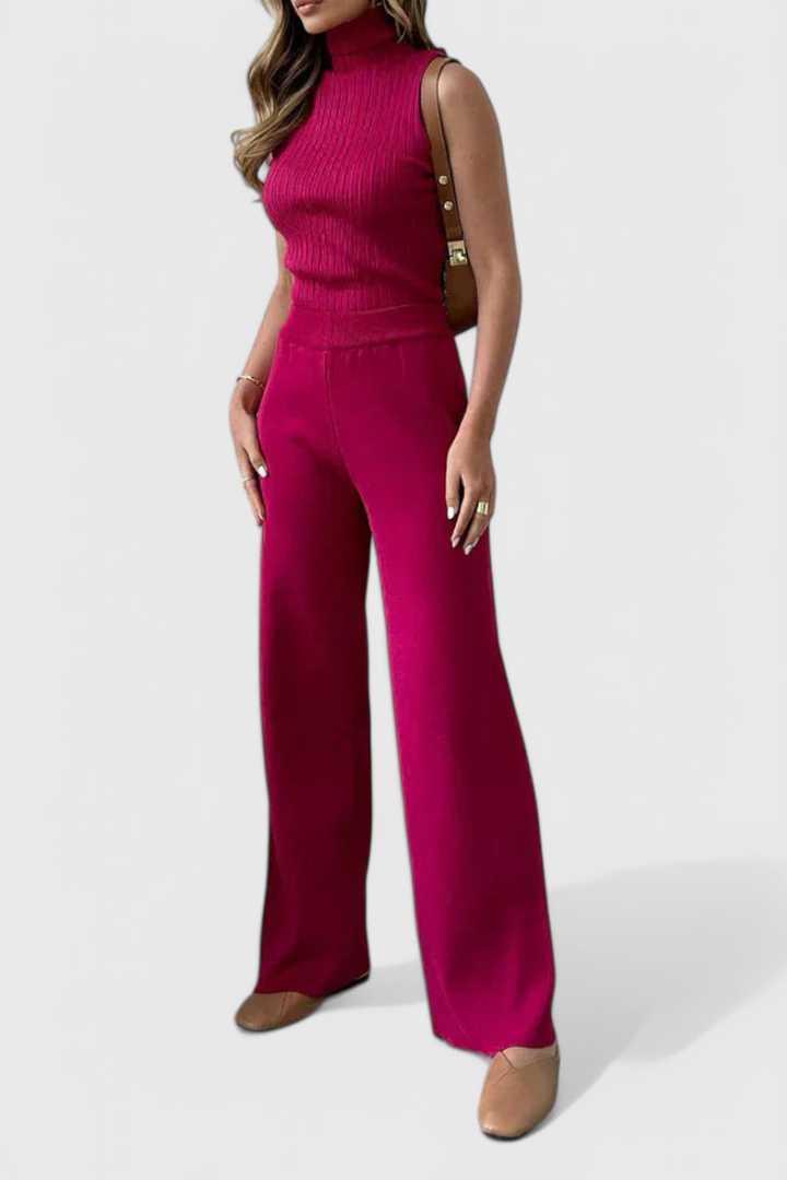 3-Piece Knit Set Long Cardigan Wide Leg Pants Turtleneck