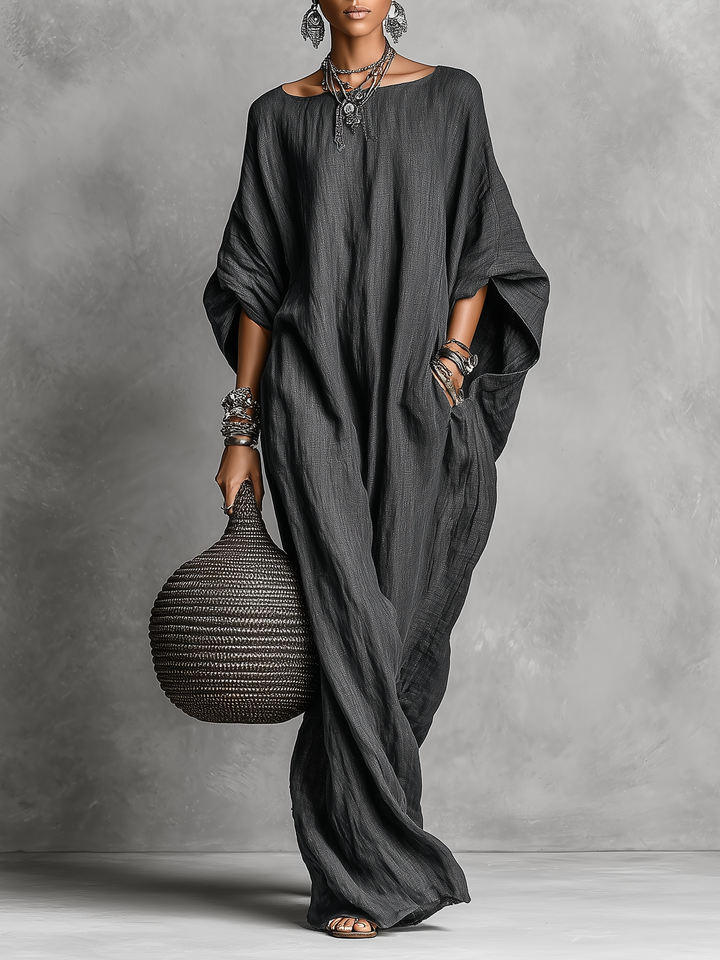 Linen Maxi Dress with Batwing Sleeves for Women