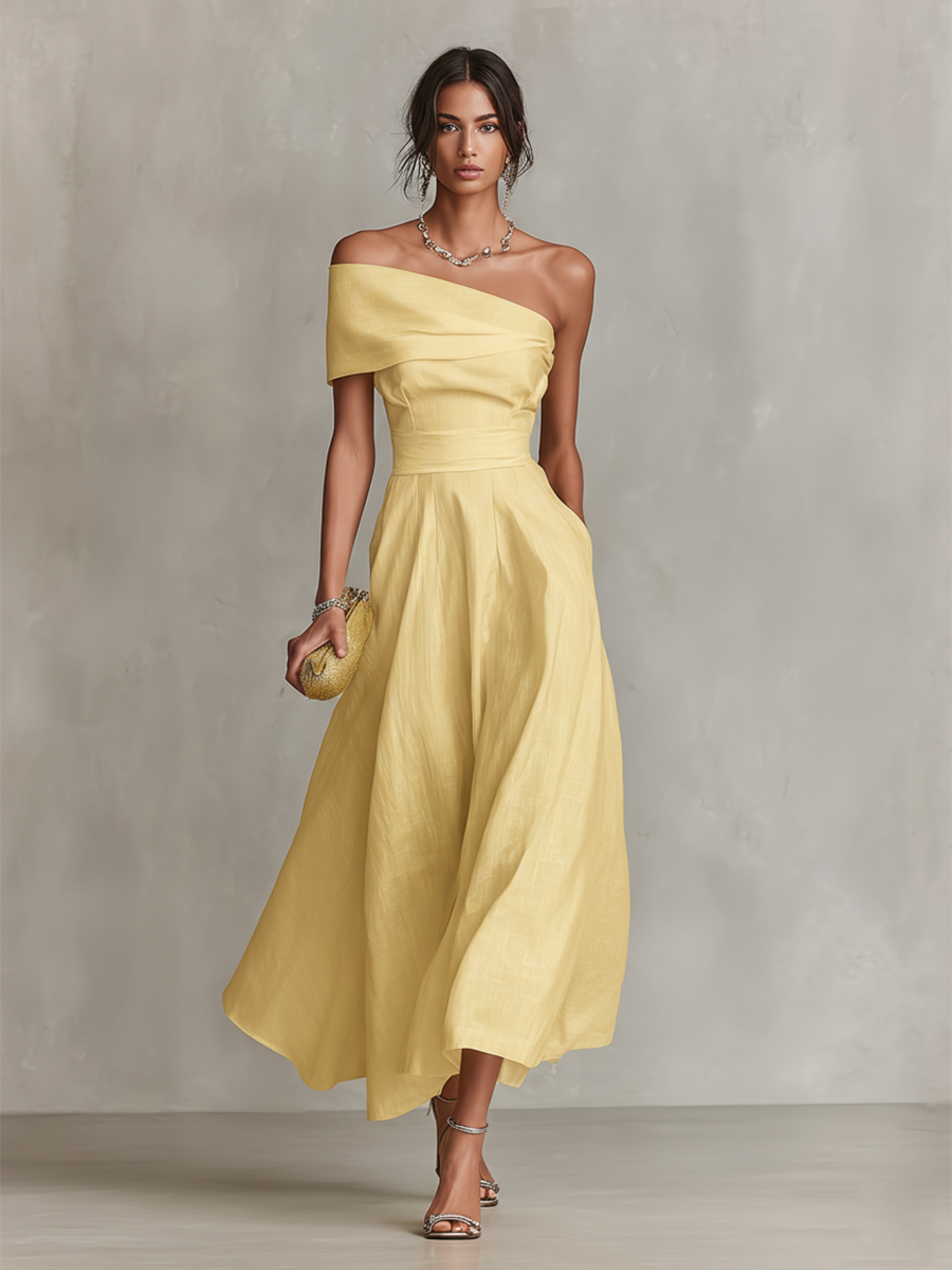 Yellow Linen Midi Dress One Shoulder Elegant Wedding Guest