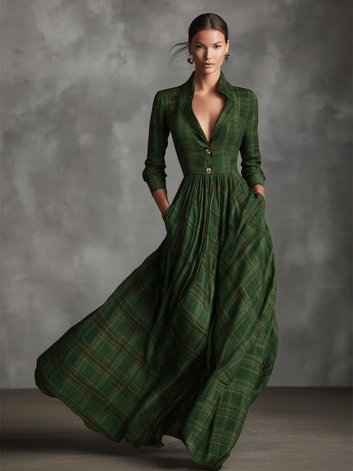 Tartan Maxi Dress for Women - Grey Linen Blend Long Sleeve