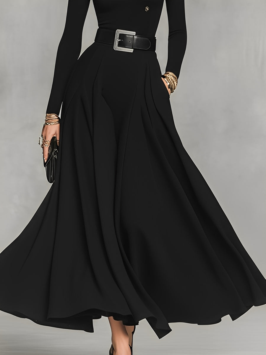 Black Knit Maxi Dress with High Neck and Button Detail