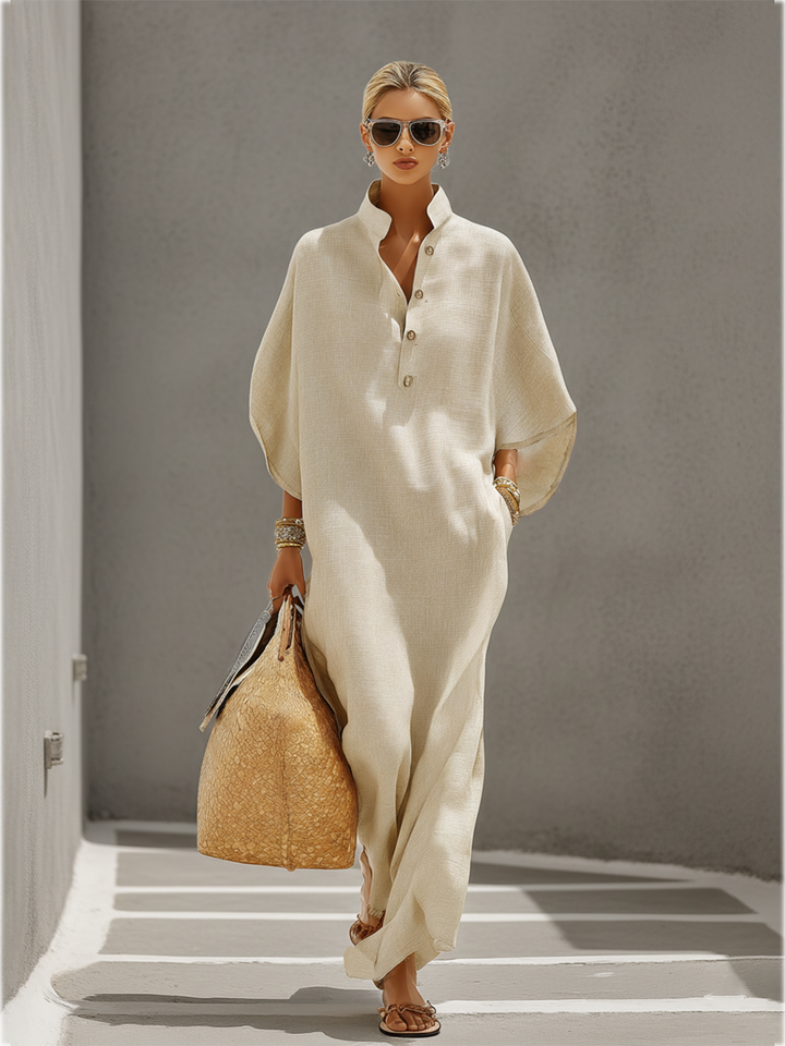 Linen Maxi Dress with Mandarin Collar for Women