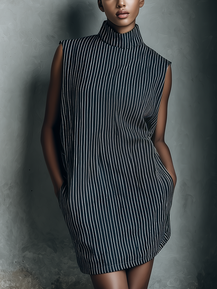 Striped Sleeveless Mini Dress with Pockets Navy Linen Blend