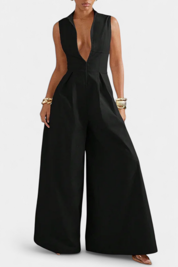 Wide Leg Jumpsuit - Sleeveless Pleated Round Neck for Women