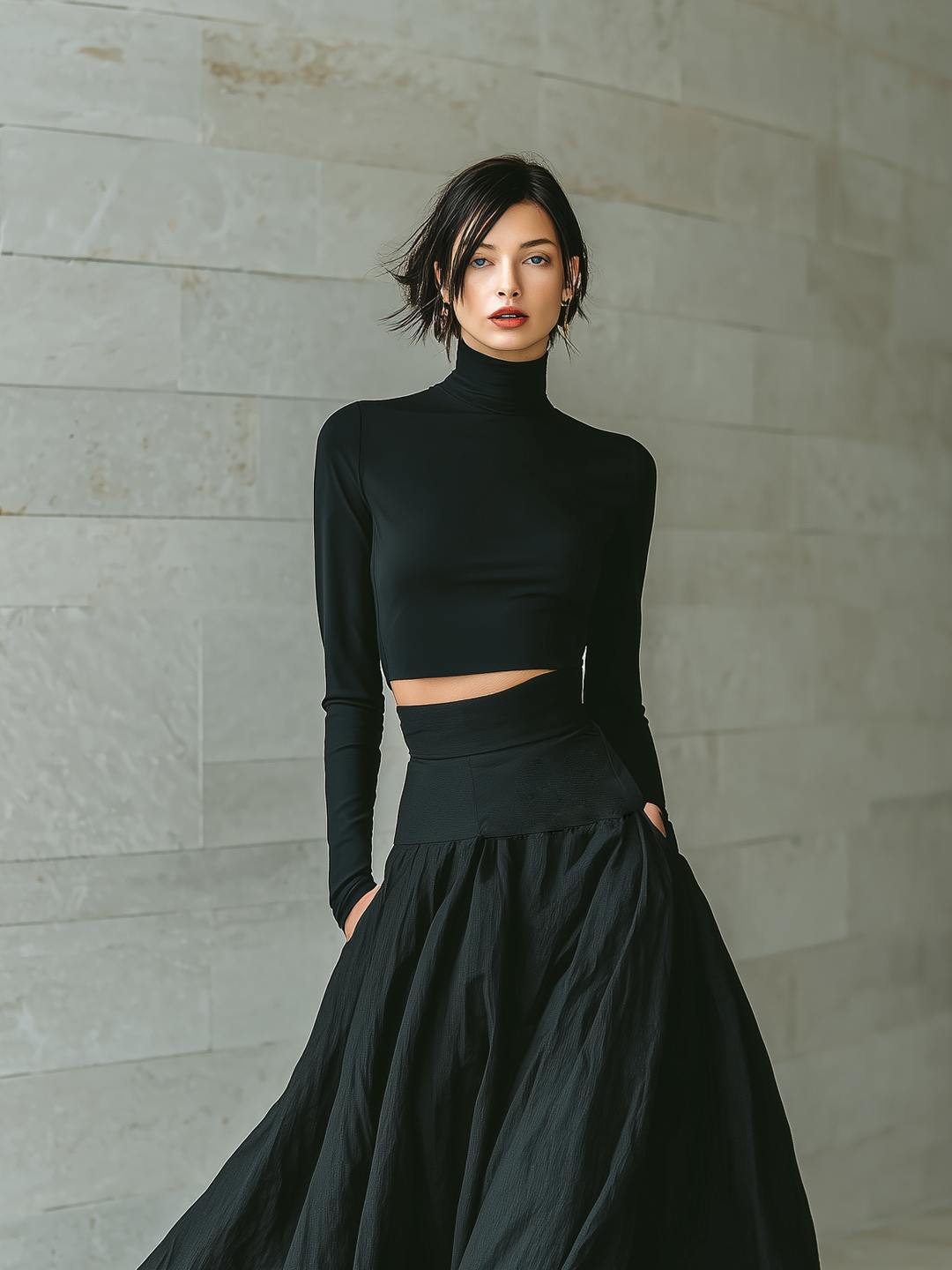 Black Turtleneck Crop Top and Maxi Skirt Set for Women