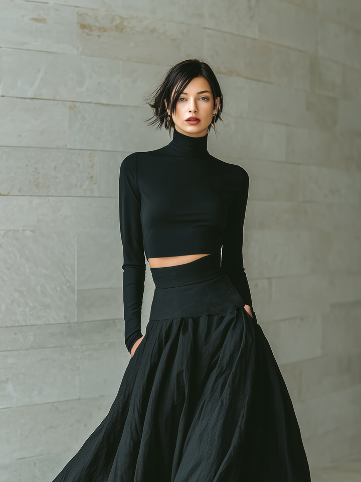 Black Turtleneck Crop Top and Maxi Skirt Set for Women
