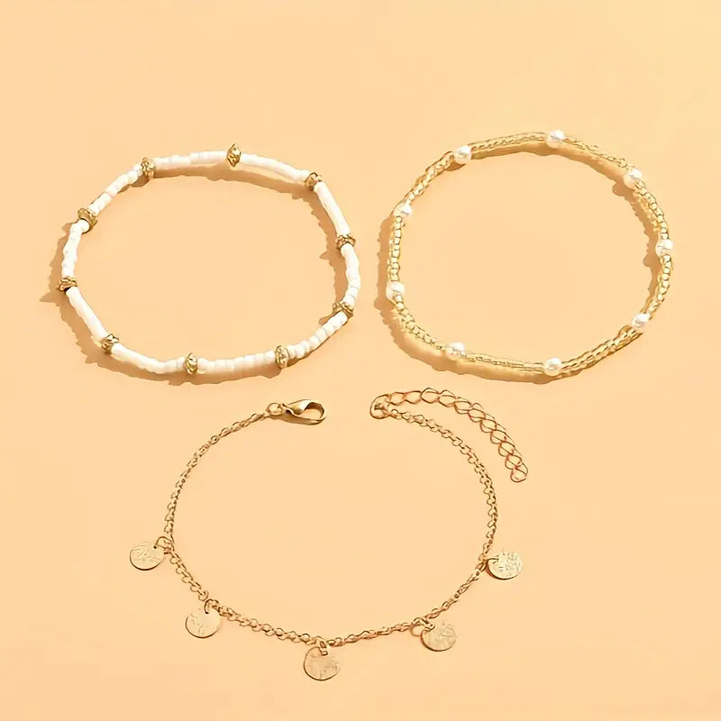 Gold Layered Anklet Set - 3 Piece Coastal Beach Ankle Bracelets