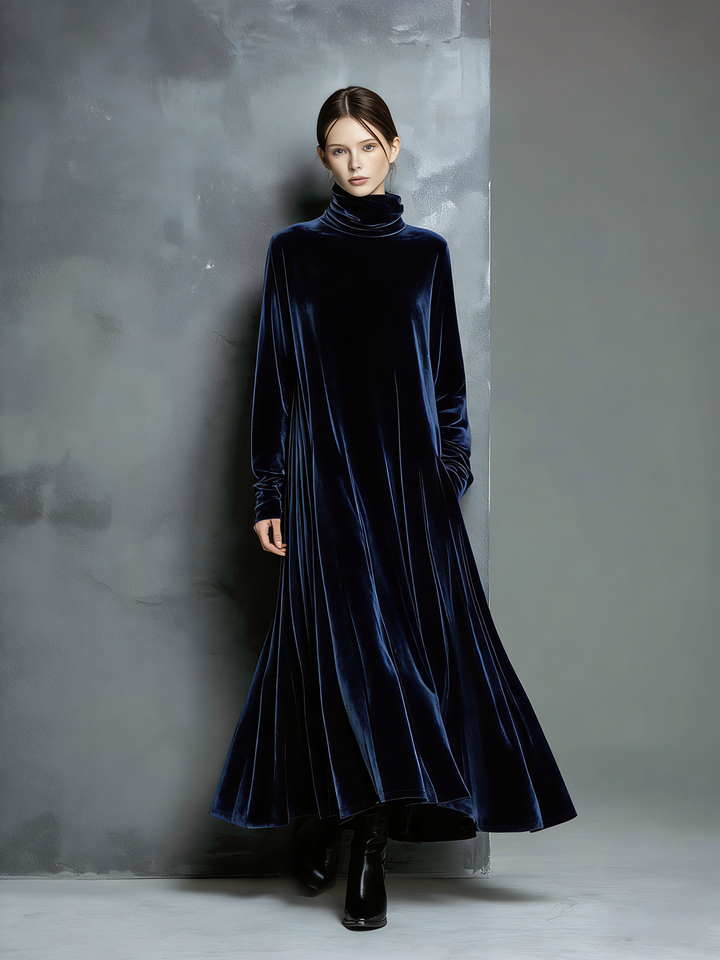 Navy Velvet Maxi Dress - Long Sleeve High Neck Elegant Evening Gown