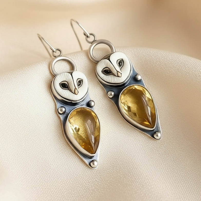 Barn Owl Drop Earrings with Golden Stones - Nickel Free Silver