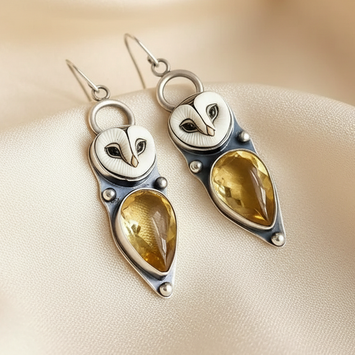 Barn Owl Drop Earrings with Golden Stones - Nickel Free Silver