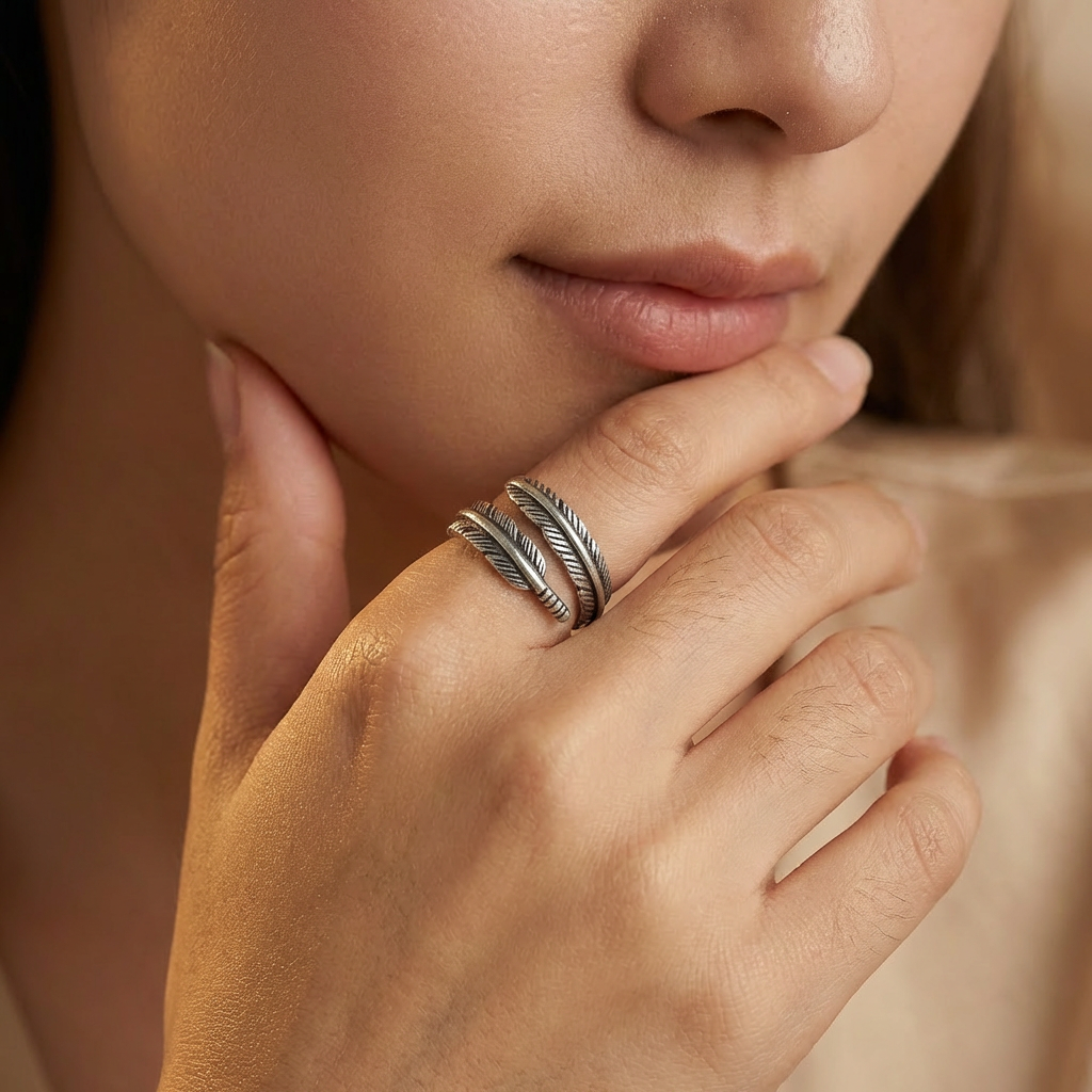 Adjustable Memorial Ring Sterling Silver Feather Angel