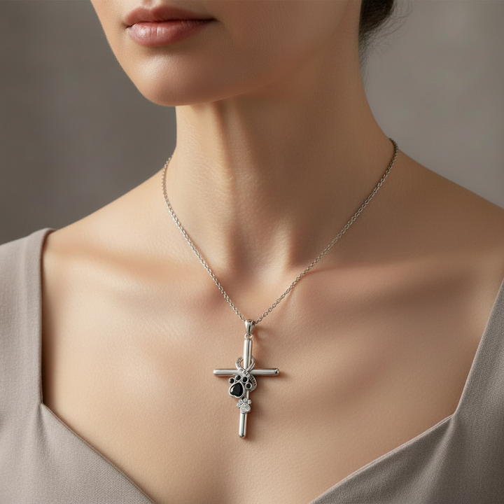 Sterling Silver Paw Print Cross Necklace for Dog Lovers