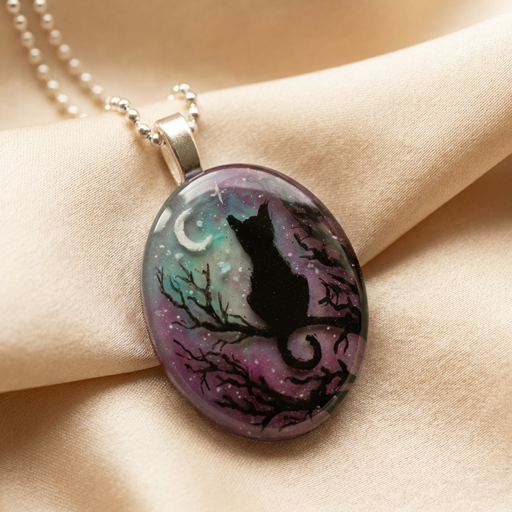 Cat Necklace with Starry Night Design - Whimsical Pendant