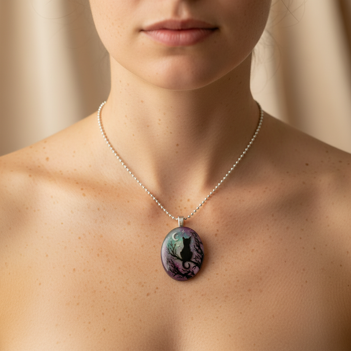Cat Necklace with Starry Night Design - Whimsical Pendant